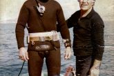 The two professional divers, Stathis Baramatis and Theophilos Klimis, were the ones who discovered the wreck of the submarine in 1986. Stathis Bparamatis, to the left of the photograph, was also the first person to dive and see the wreck after the war, 44 years after its sinking.